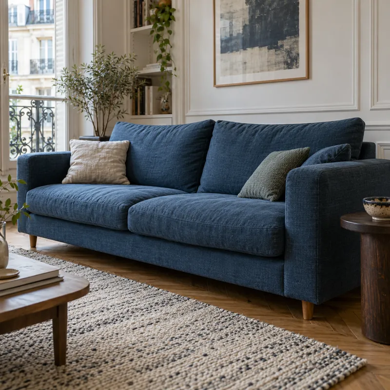 Canapé en tissu bleu ardoise et tapis tissé dans un salon parisien
