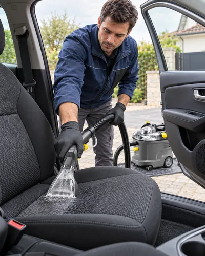 Nettoyage d’un siège en tissu depuis la portière d’une voiture