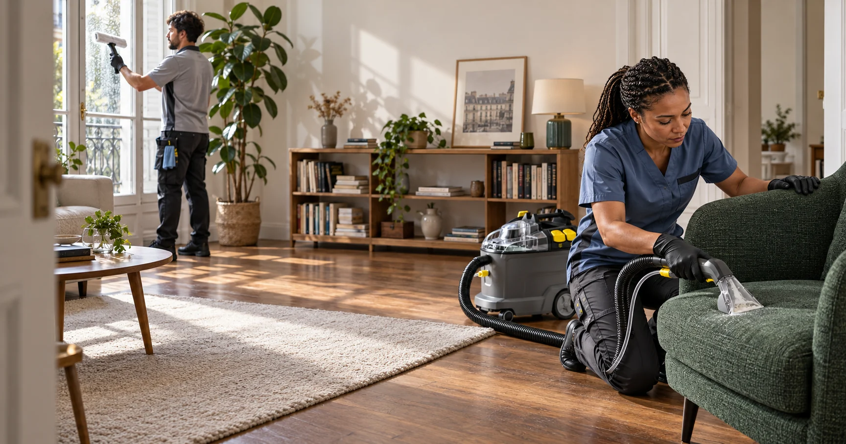 Nettoyage d’un fauteuil en tissu et d’une fenêtre pendant une intervention dans un appartement